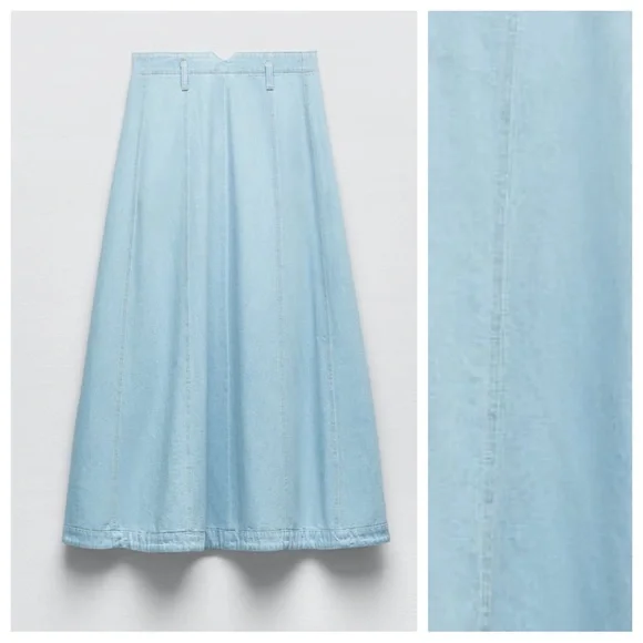 NWT. Zara Light Blue Z1975 Denim High Waist Midi Skirt. Size XS. - Picture 7 of 11